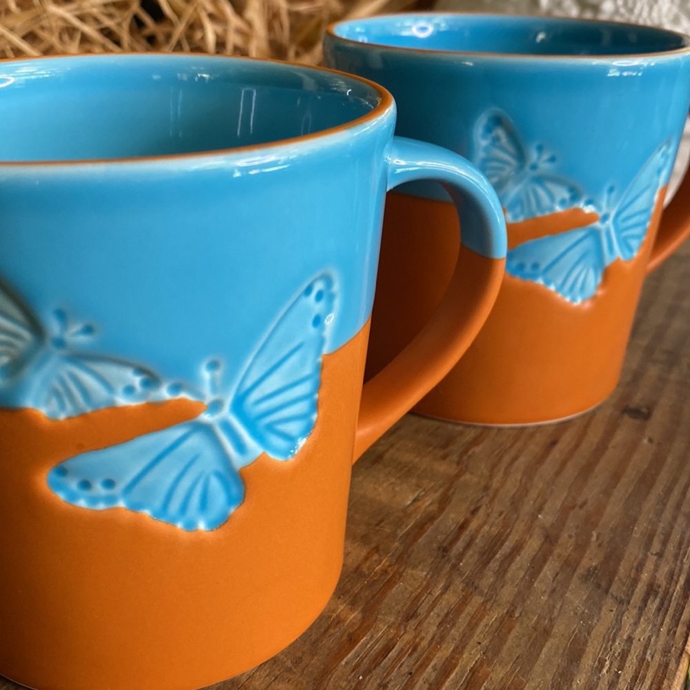 Starbucks Blue Teal and Orange Ceramic Embossed Butterfly Mug Set from 2006 🦋
